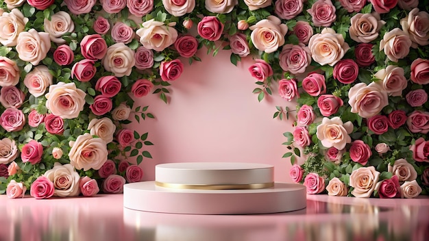 platform for product demonstration against a background of roses pink colours