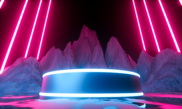 Platform for product presentation. Modern futuristic neon abstract background. 3d render