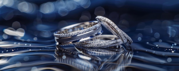 Platinum rings floating in front of a navy blue background adding depth and sophistication