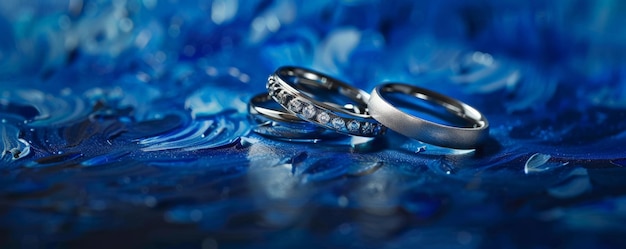 Platinum rings floating in front of a royal blue background adding depth and sophistication