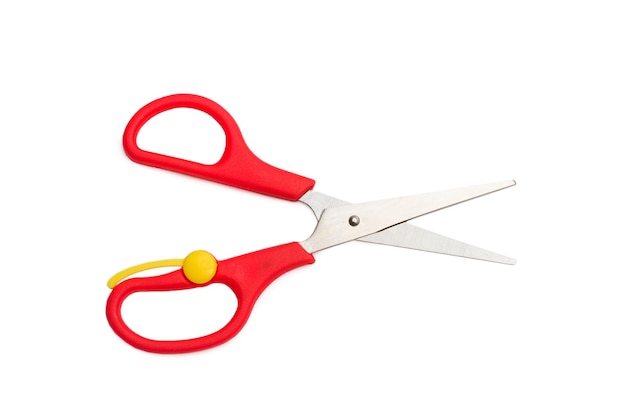 A platsic and metal scissors isolated on a white background