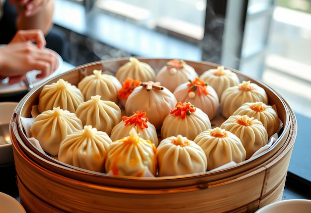 Photo a platter of assorted dim sum on a bamboo steamer