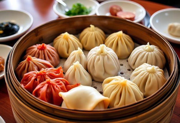 Photo a platter of assorted dim sum on a bamboo steamer