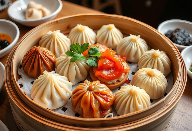 Photo a platter of assorted dim sum on a bamboo steamer