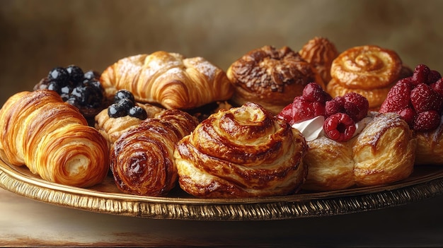 Photo platter of assorted pastries flaky and golden soft ambient lighting warm and indulgent tones