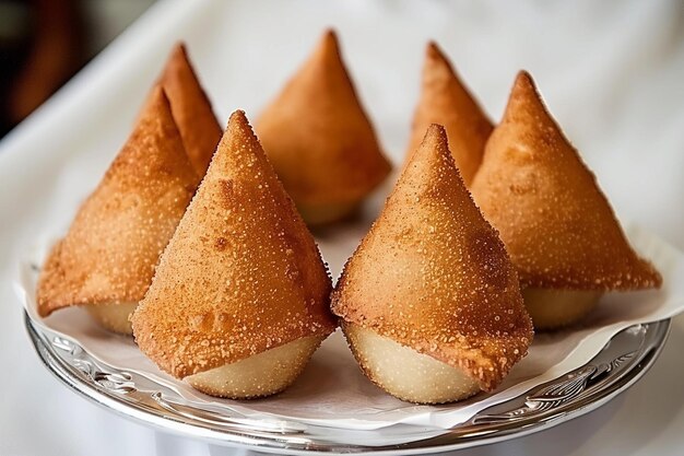 Photo a platter of brazilian coxinha with a crispy exterior on a clean white sheet