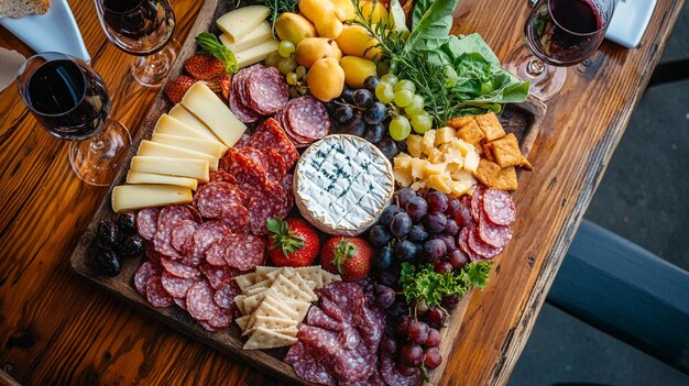 Photo a platter of cheese cheese and fruit is displayed on a table