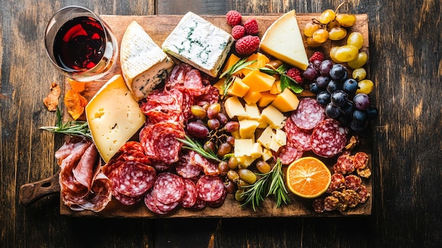 Photo a platter of cheese cheese and fruit is on a wooden table