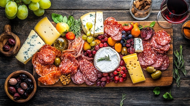 Photo a platter of cheese cheese and fruit on a table