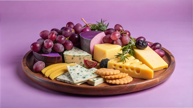 a platter of cheese grapes and cheese with a purple background