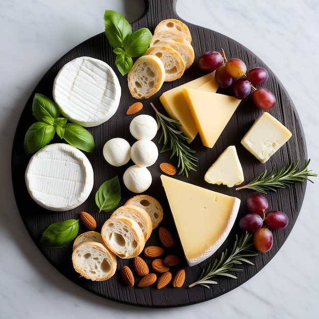 Photo a platter of cheese grapes and cheese with a triangle on it