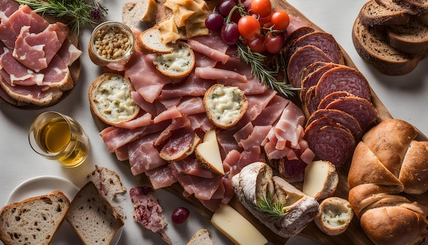 a platter of cheese meat and cheese with a bunch of grapes