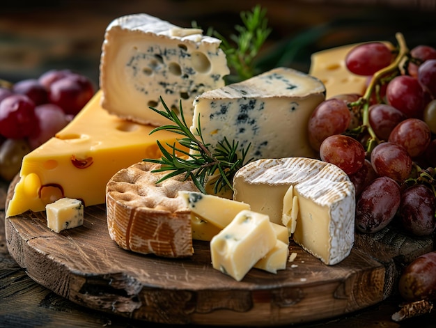 a platter of cheeses including a bunch of grapes and a bottle of wine