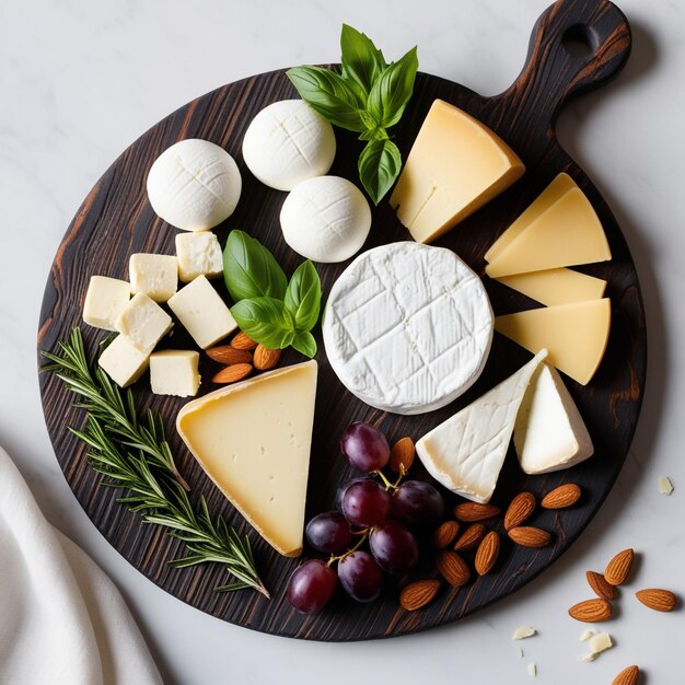 a platter of cheeses including cheese grapes and cheese