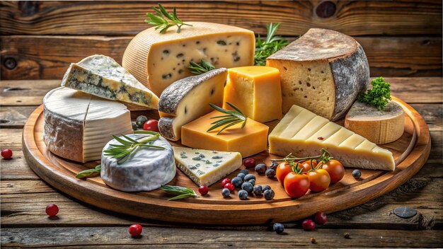 a platter of cheeses including cheese tomatoes and grapes