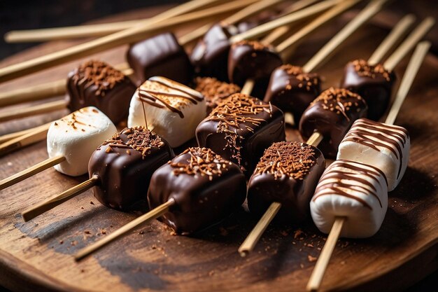 A platter of chocolatedipped marshmallows skewered on