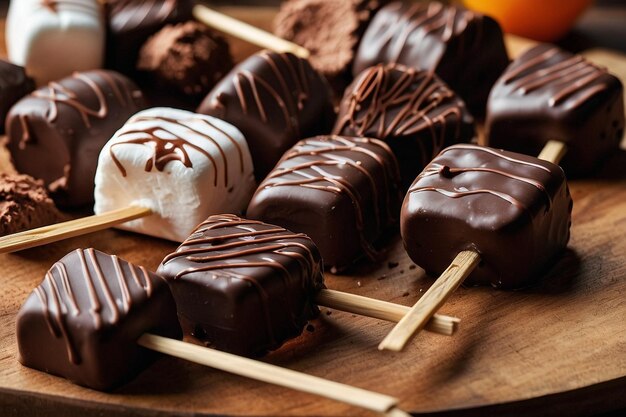 A platter of chocolatedipped marshmallows skewered on