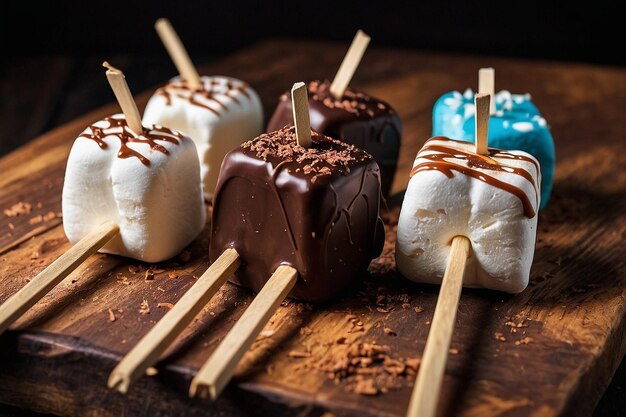 A platter of chocolatedipped marshmallows skewered on