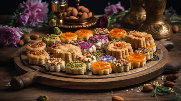 A platter of different desserts including a variety of nuts and flowers.