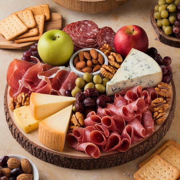 Photo a platter of different types of food including cheese meat and nuts