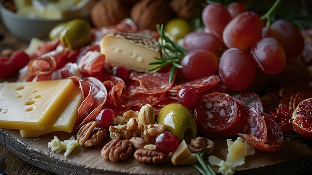 a platter of different types of food including grapes nuts and nuts