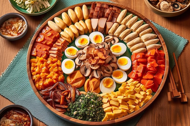 A platter of different types of food on a table AI generative image Tteokbokki Korean food