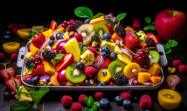 Platter filled with lots of different types of fruit on top of wooden table Generative AI