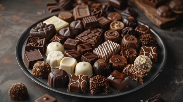 a platter filled with various types and shapes of chocolates