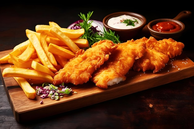 A platter of fish and chips with sauces on it