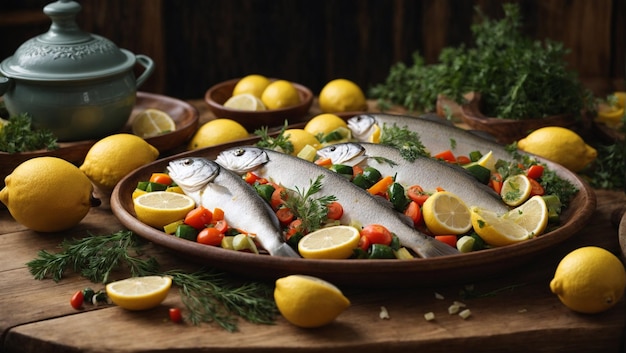 A platter of fish with vegetables and lemons on a wooden table