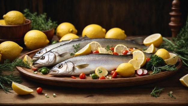 A platter of fish with vegetables and lemons on a wooden table