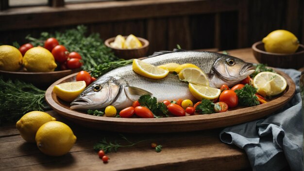 A platter of fish with vegetables and lemons on a wooden table