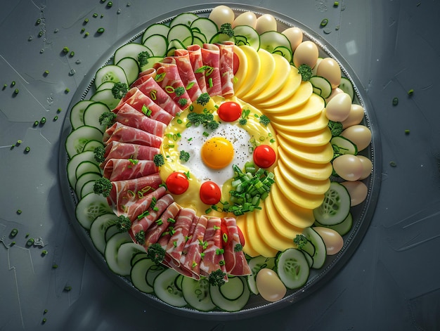 a platter of food including eggs tomatoes and cucumbers