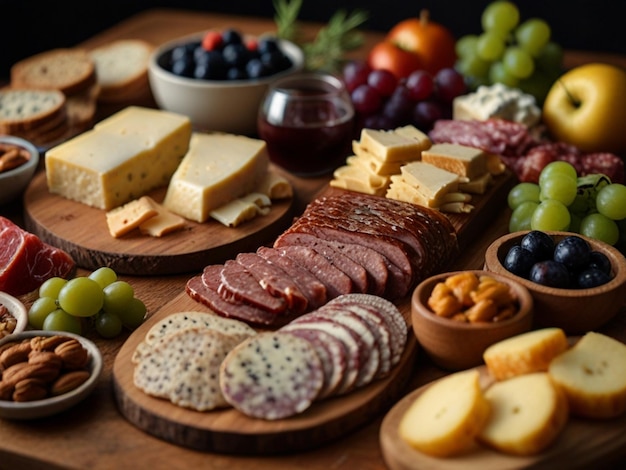 a platter of food including grapes cheese and nuts