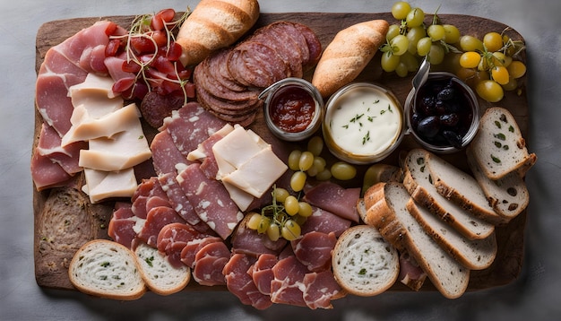 a platter of food including meat cheese and bread