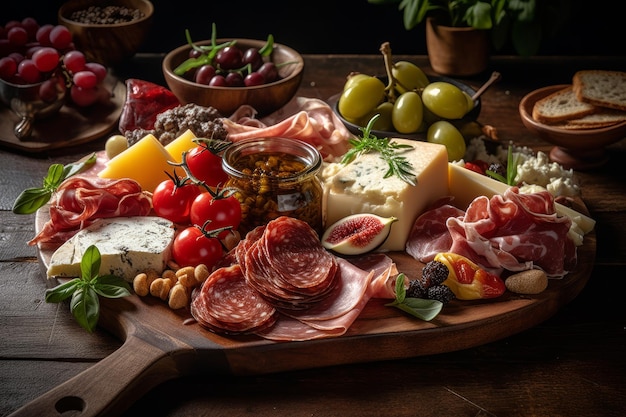 A platter of food including meat, cheese, and olives.