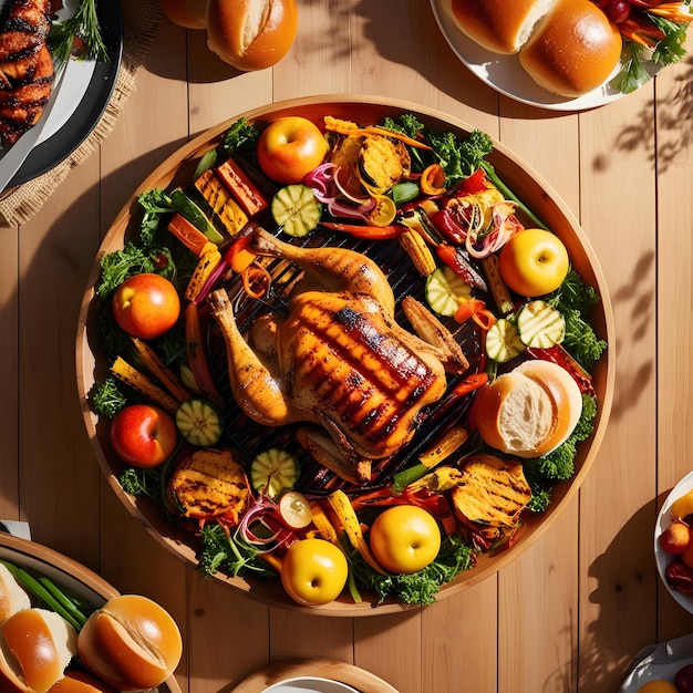 a platter of food including a turkey a turkey and other food items