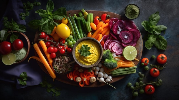 A platter of food with a bowl of hummus on it