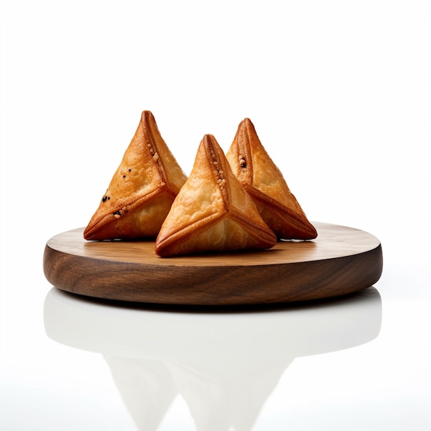 A platter of food with three triangles of samosas on it.