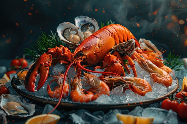 Platter of Fresh Seafood Including Lobster Shrimp and Oysters on Ice