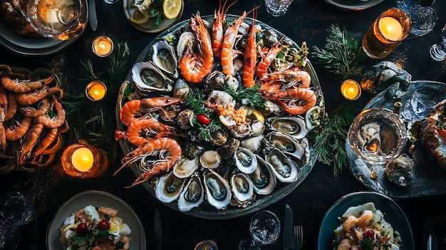 Photo a platter of fresh seafood including oysters clams and shrimp arranged around a bed of greens the platter is surrounded by candles and glasses creating a cozy and romantic ambiance