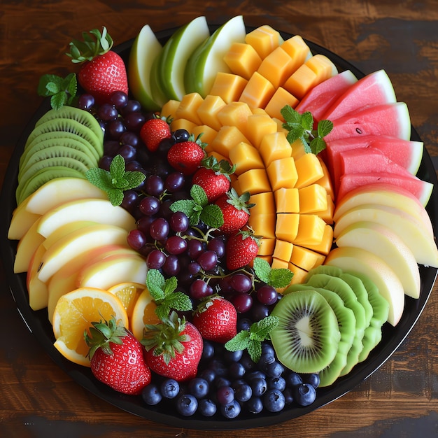 a platter of fruit with a fruit platter that says fruit on it