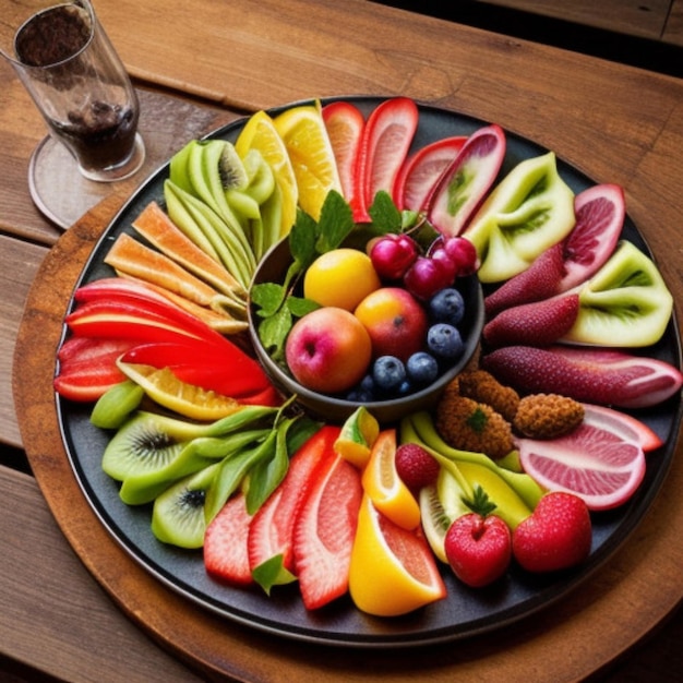 Photo a platter of fruit with a glass of wine in the background