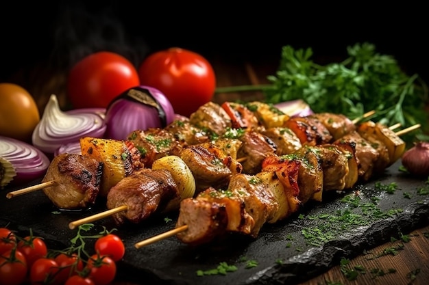 A platter of grilled meat with a red onion and tomatoes on the side.