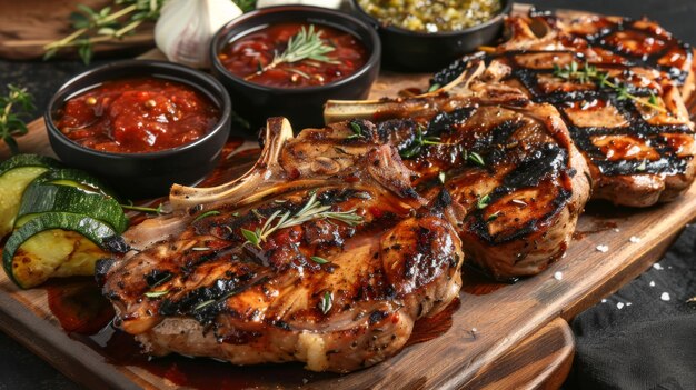 A platter of grilled pork chops perfectly charred and juicy served with grilled vegetables and savory dipping sauces enticing the appetite