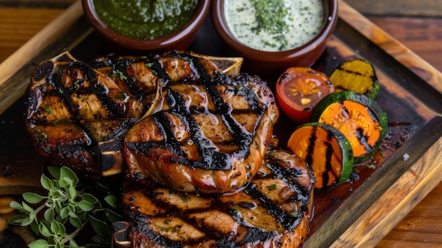 A platter of grilled pork chops perfectly charred and juicy served with grilled vegetables and savory dipping sauces enticing the appetite