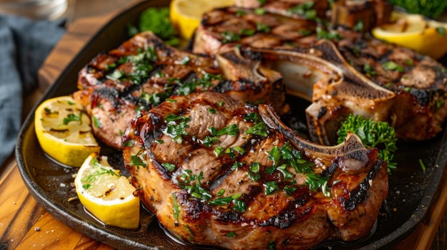 A platter of grilled pork loin chops beautifully seared and seasoned served with a fresh herb garnish and lemon wedges