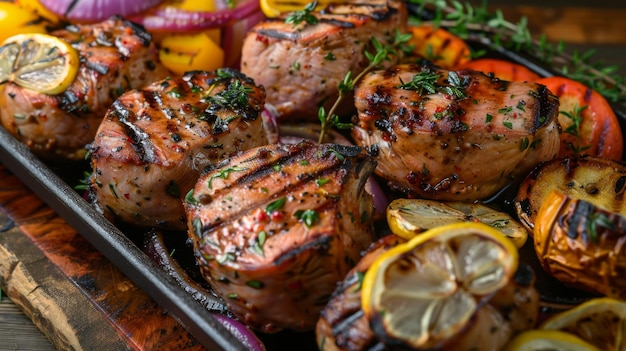 A platter of grilled pork tenderloin medallions perfectly cooked and seasoned served with a colorful array of roasted vegetables