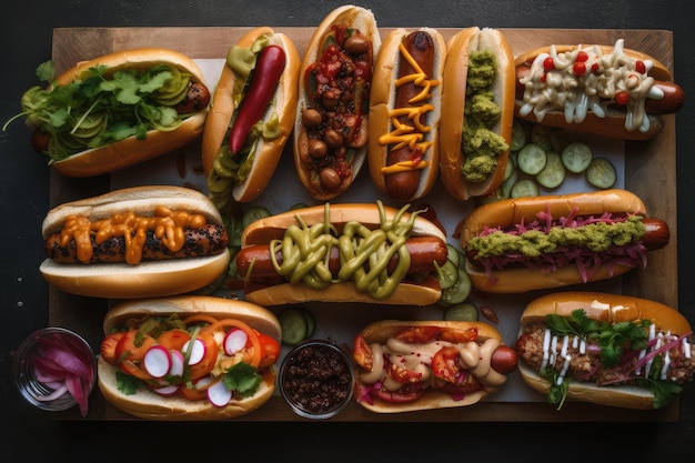 Platter of hot dogs with variety of different toppings created with generative ai