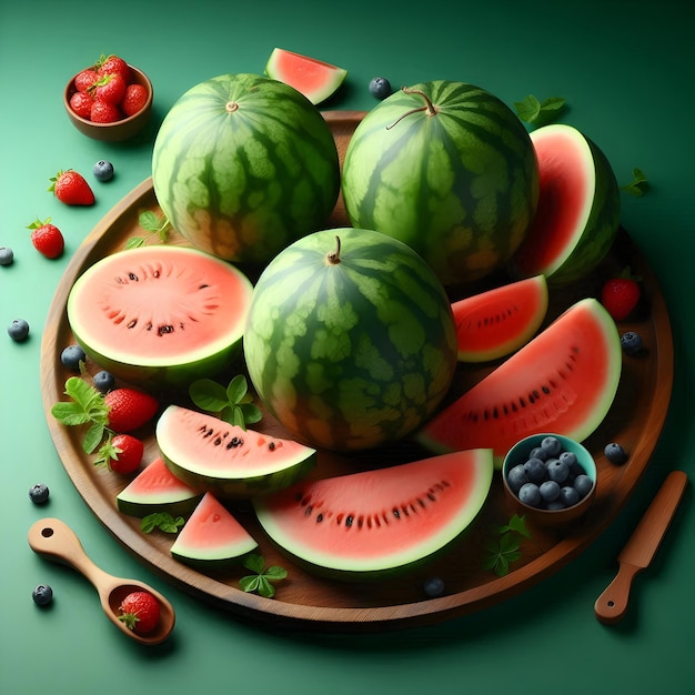 A platter of juicy watermelons a refreshing summer fruit isolated on a plain vibrant green backgro